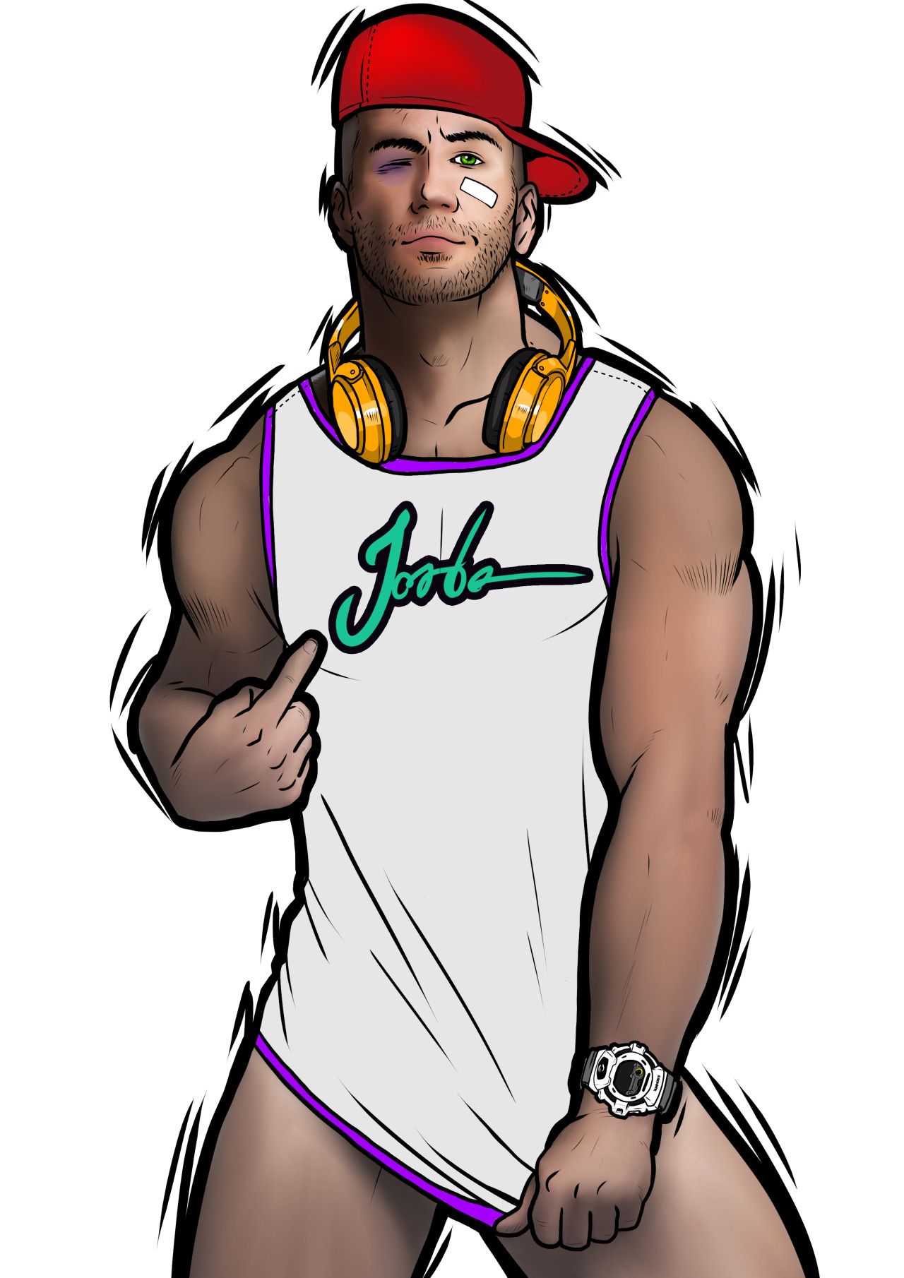 backwards_baseball_cap bandaid baseball_cap black_eye character_request chav covering_crotch headphones jorden_arts logo male male_only muscular pinup pointing solo solo_male stubble watch