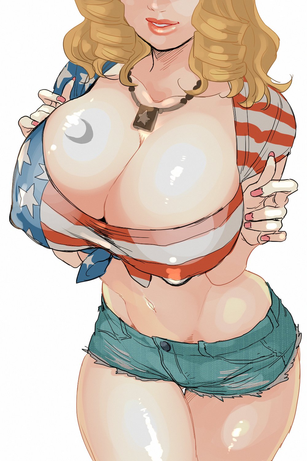 1girls american_flag american_flag_shirt big_breasts blonde_hair breasts cleavage clothed clothing crop_top curly_hair dbd dead_by_daylight erect_nipples female hips hkkwz huge_breasts kate_denson long_hair nail_polish navel necklace pink_lipstick shorts smile tagme tattoo thighs