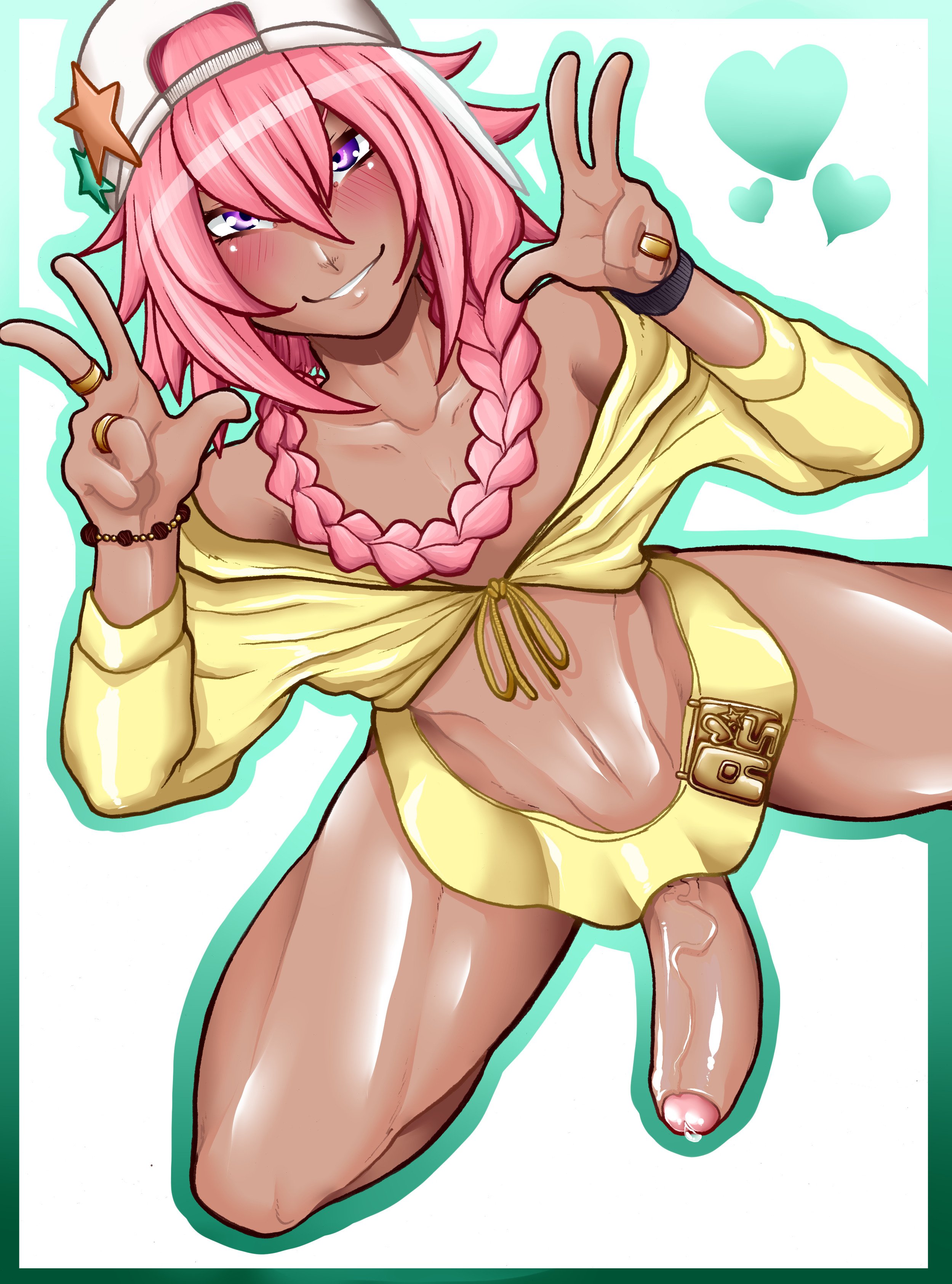 1boy, androgynous, astolfo (fate), big penis, dark skin, dark-skinned femboy, dark-skinned male, erection, fate (series), femboy, foreskin, ganguro, girly, gyaru, hung trap, looking at viewer, male, male only, penis, solo, tammaro, trap, uncircumcised, uncut