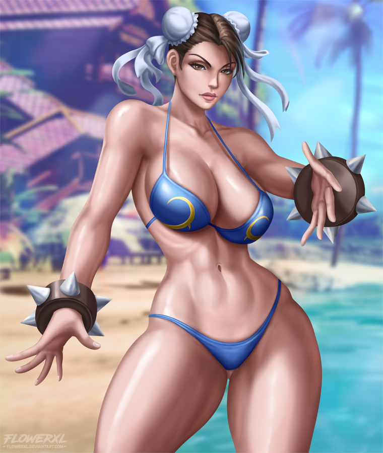 big breasts, bikini, breasts, chun-li, cleavage, female, female only, flowerxl, large breasts, looking at viewer, solo, street fighter
