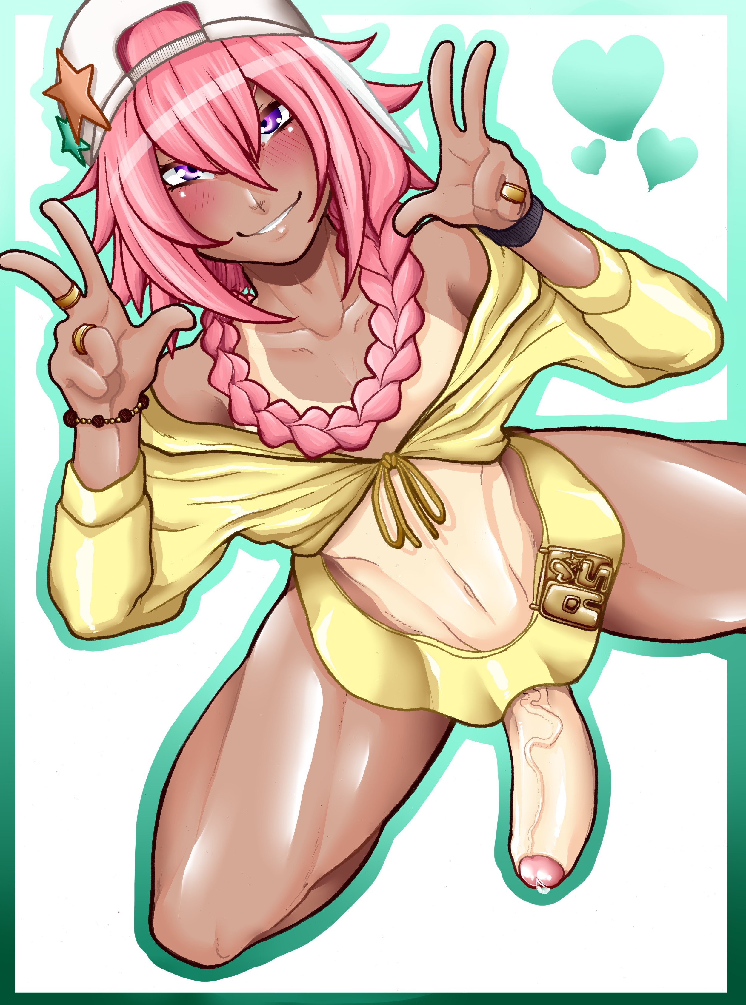 1boy, androgynous, astolfo (fate), big penis, erection, fate (series), femboy, foreskin, ganguro, girly, gyaru, hung trap, looking at viewer, male, male only, penis, solo, tammaro, tanline, trap, uncircumcised, uncut