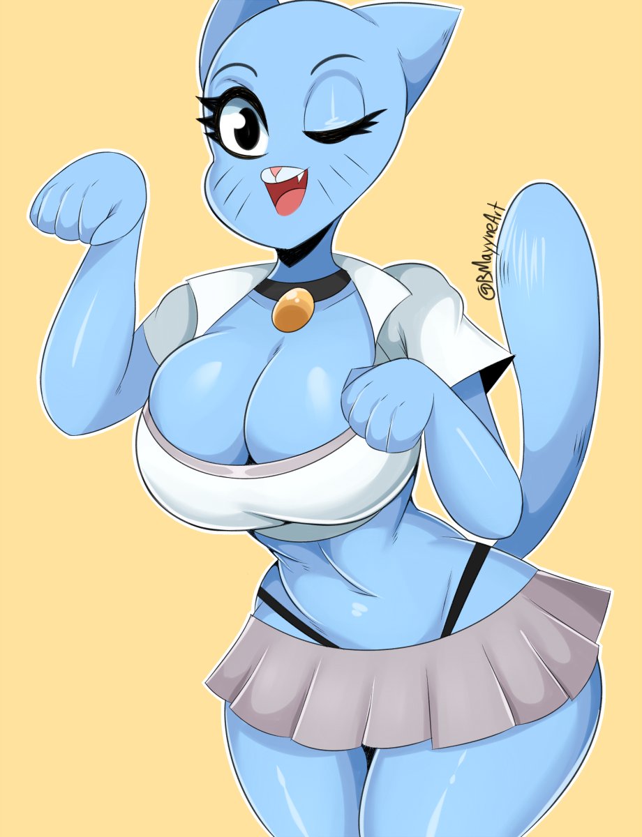 anthro, bare midriff, big breasts, blue fur, blue skin, bmayneart, breasts, cat tail, cleavage, clothing, feline, female, female only, furry, hourglass figure, mammal, midriff, milf, miniskirt, nicole watterson, one eye closed, shirt, short skirt, signature, skirt, solo, tail, the amazing world of gumball, thin waist, whale tail, wide hips
