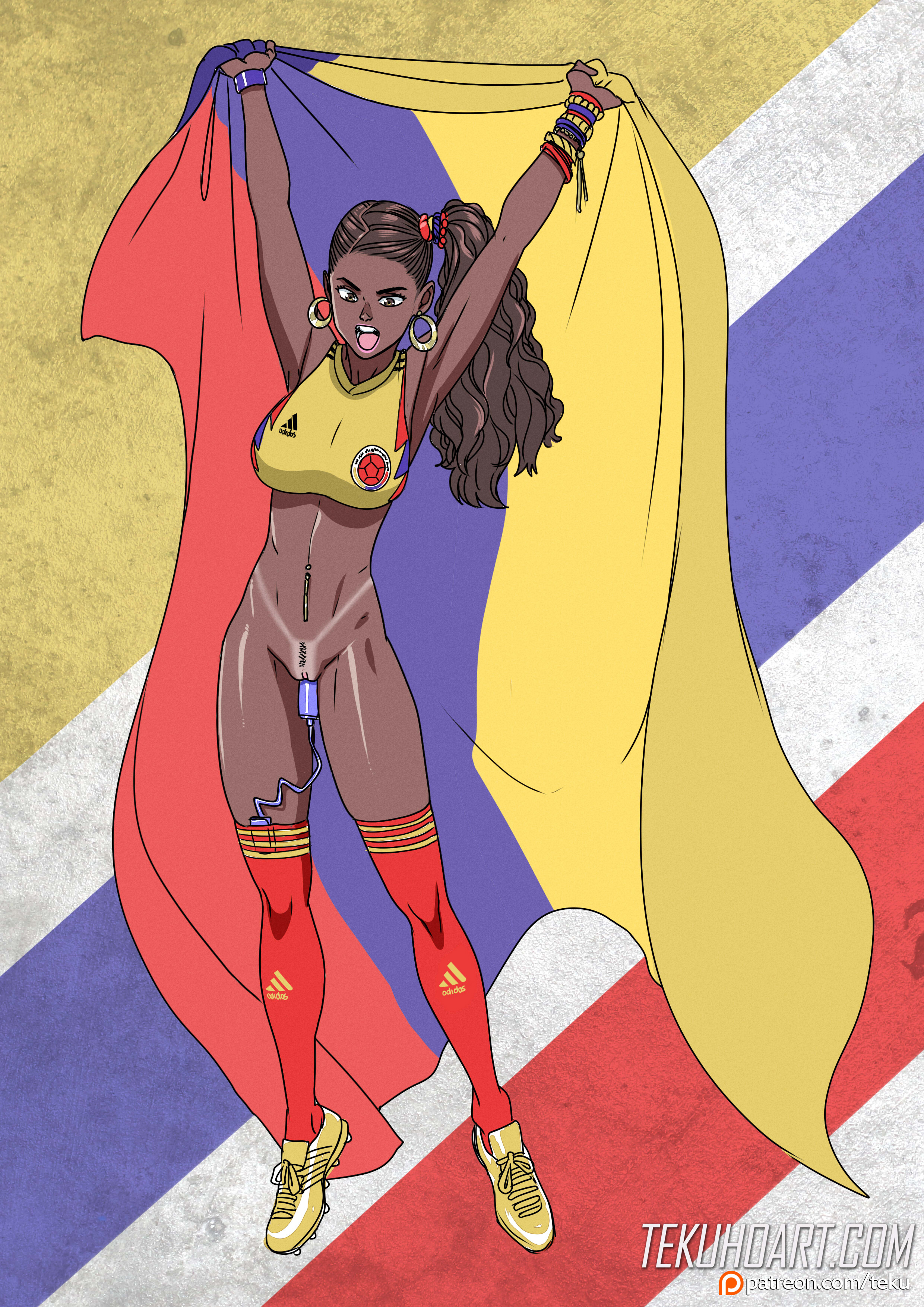 1girls, armpits, arms up, bottomless, breasts, colombia, colombian, colombian female, dark skin, dark-skinned female, dildo, female, flag, full body, human, insertion, latina, national personification, navel piercing, petite, piercing, pubic hair, pussy, revealing clothes, sex toy, skinny, soccer, soccer uniform, solo, standing, tanline, teenage female, teenager, tekuho, uniform, vaginal, vaginal insertion, vibrator, world cup