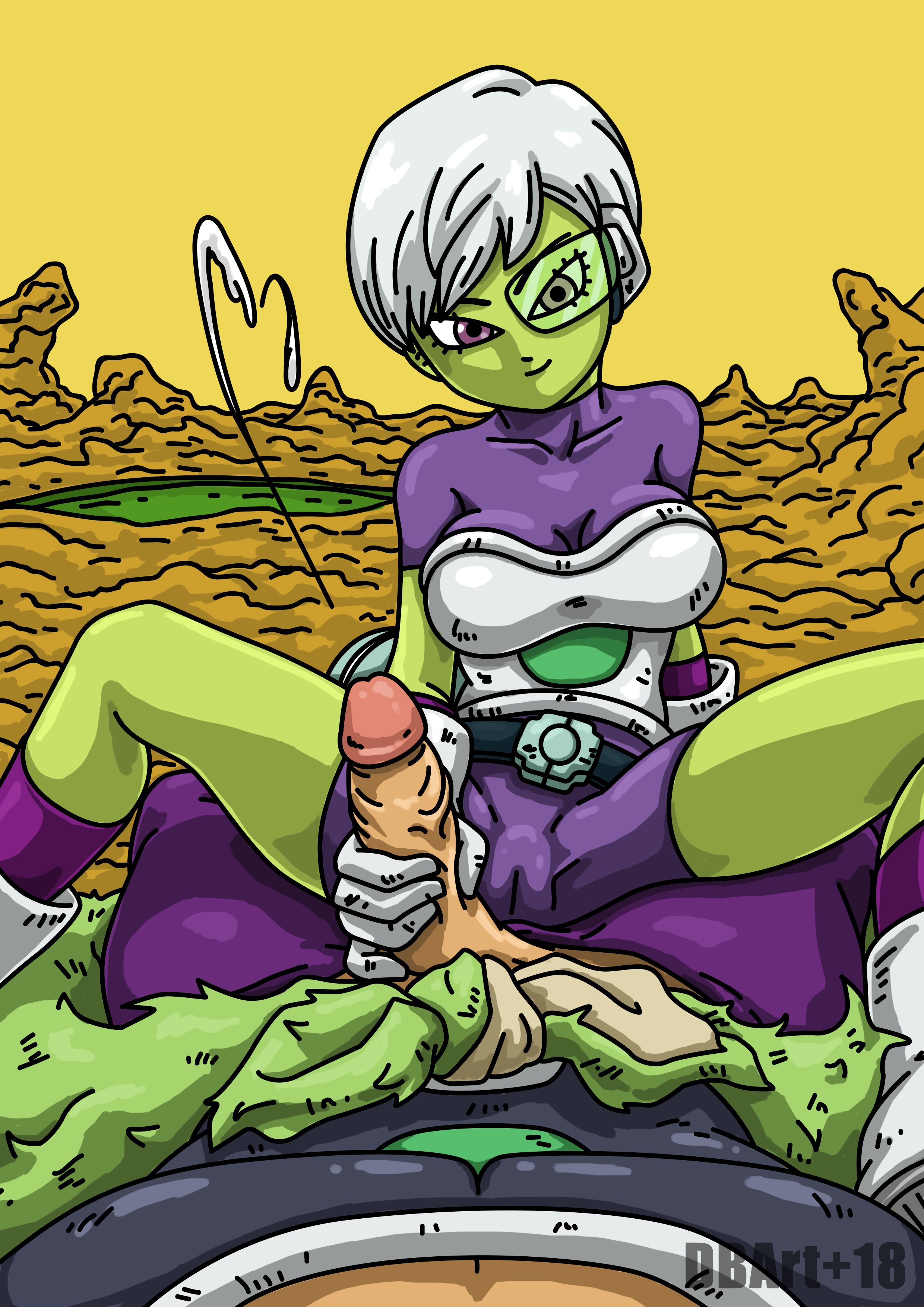 1girls, alien girl, armor, blue eyes, breasts, broly, broly (dragon ball super), cameltoe, cheelai, closed mouth, clothed, clothing, cum, cumming, dbart+18, dragon ball, dragon ball super, female, gloved handjob, gloves, green skin, green-tinted eyewear, handjob, holding penis, humanoid, large penis, male, penis, pussy, scouter, short hair, smile, spread legs, tinted eyewear, vagina, veiny penis, white hair