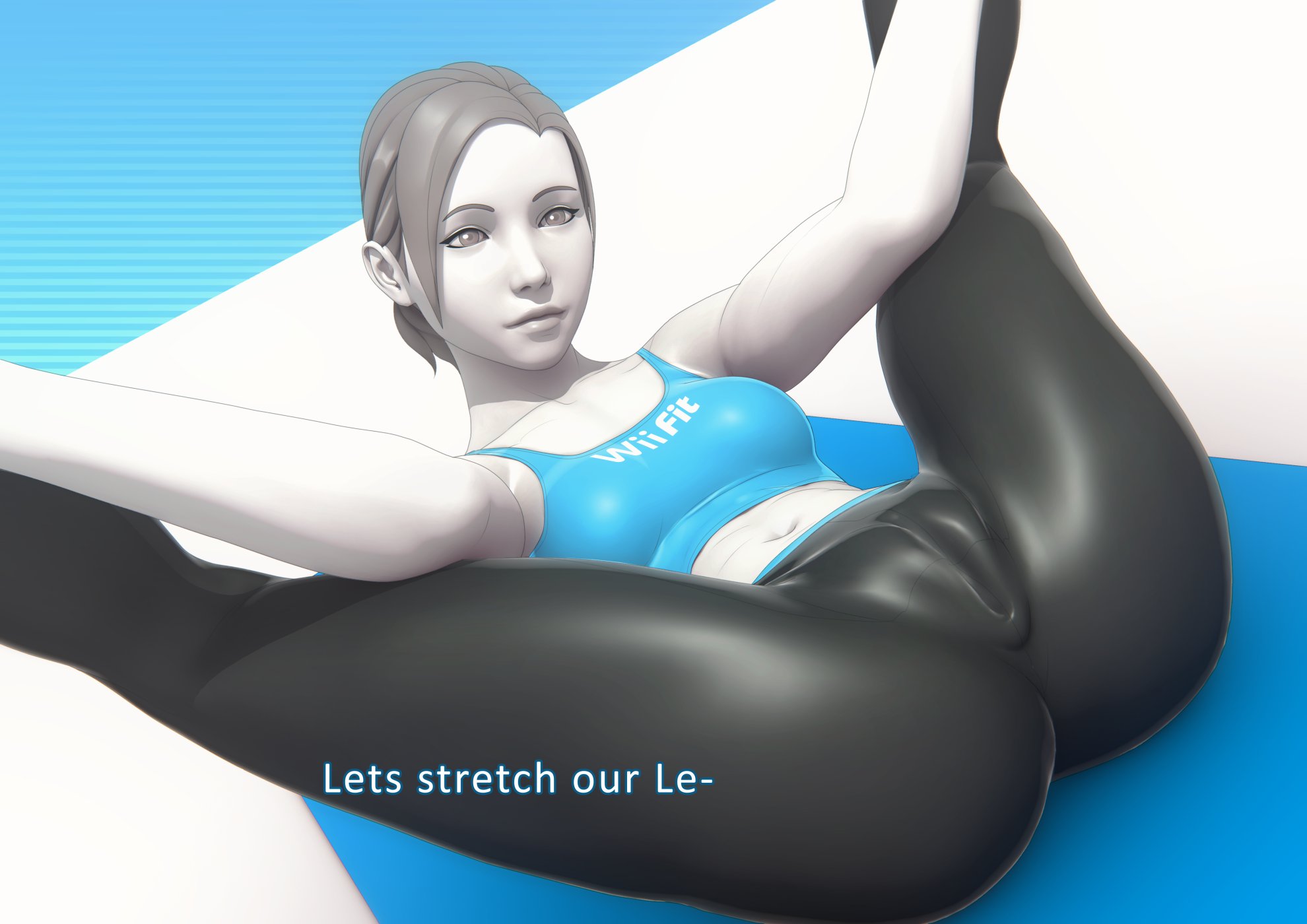 1girls, 3d, cameltoe, female, female only, john doe, nintendo, pussy, solo, spread legs, text, wii fit, wii fit trainer, wii fit trainer (female)