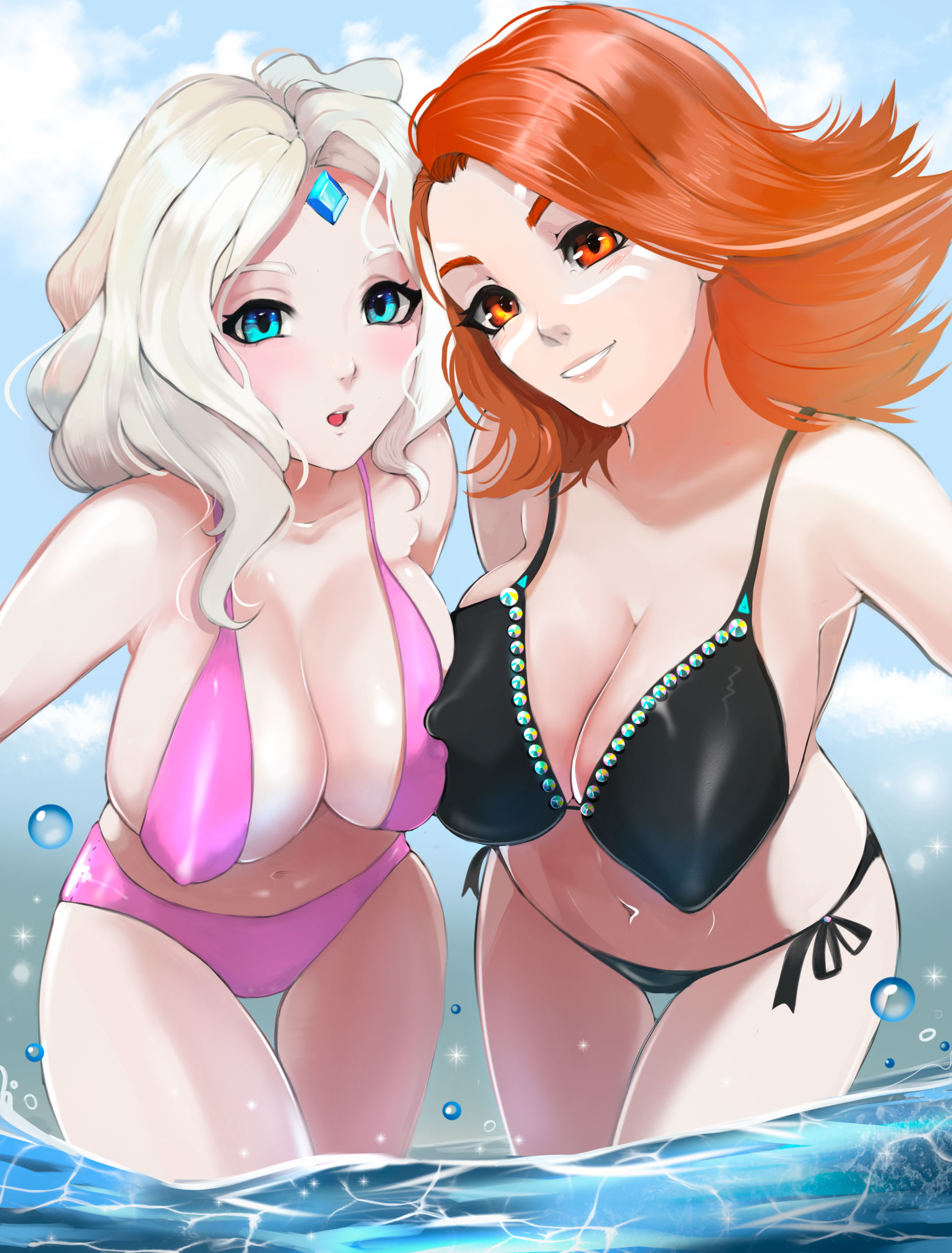 2girls, bare shoulders, big breasts, bikini, blonde hair, blue eyes, blush, breasts, cleavage, crystal maiden, dota 2, female, female only, highres, kirani, large breasts, lina, looking at viewer, multiple females, multiple girls, navel, open mouth, orange eyes, orange hair, outdoors, siblings, sisters, smile, water, wet