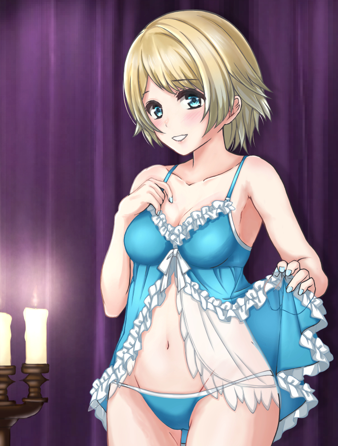 babydoll blonde_hair blue_eyes blush candelabra candle female fire_emblem fire_emblem_heroes fjorm_(fire_emblem) frills lingerie medium_breasts see-through showing_off smile solo