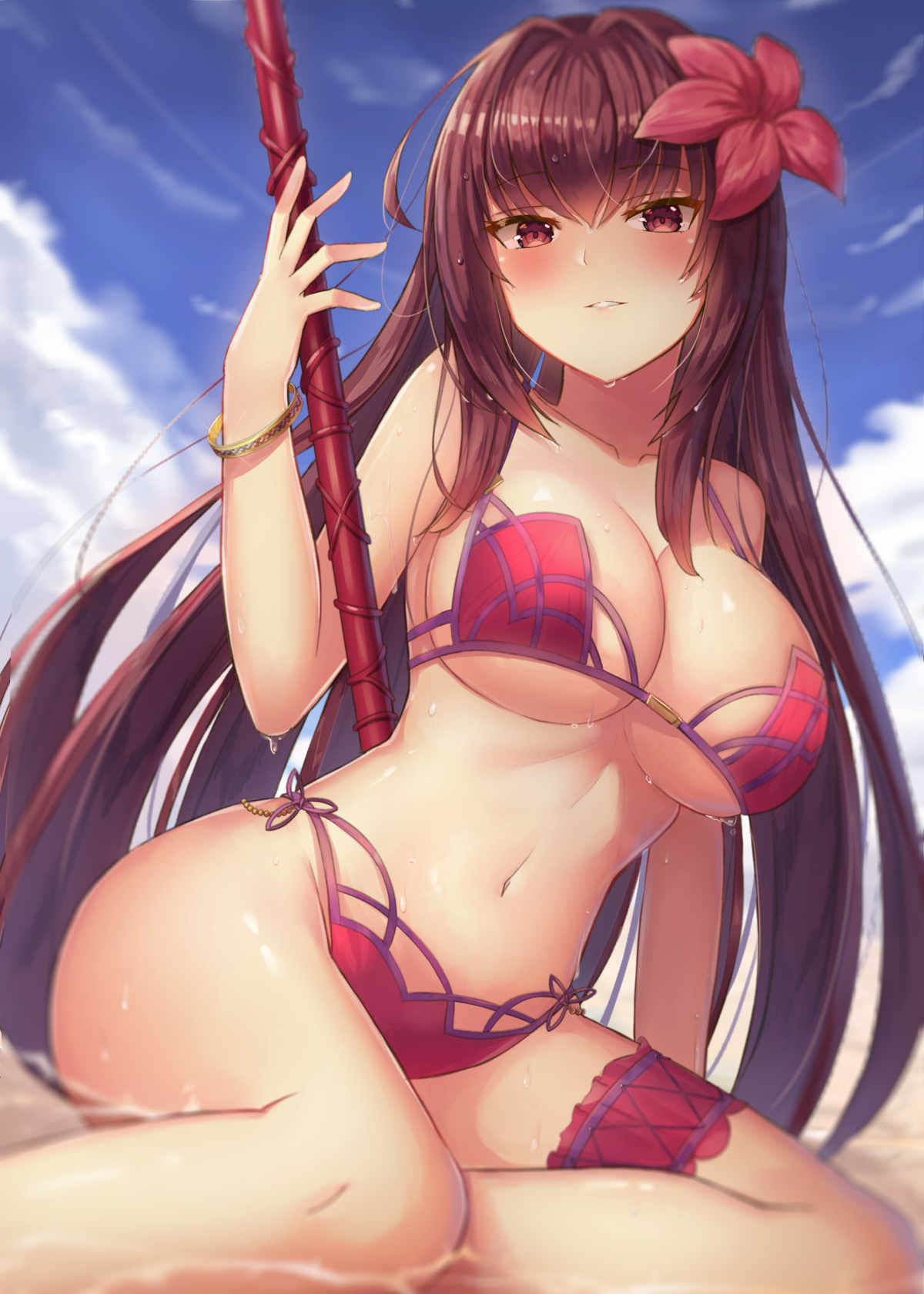 beach, blush, fate (series), fate/grand order, female, female only, long hair, looking at viewer, motokonut (artist), purple hair, red eyes, scathach (fate), scathach (swimsuit assassin), shiny, shiny skin, swimsuit, tagme, underwear, wet