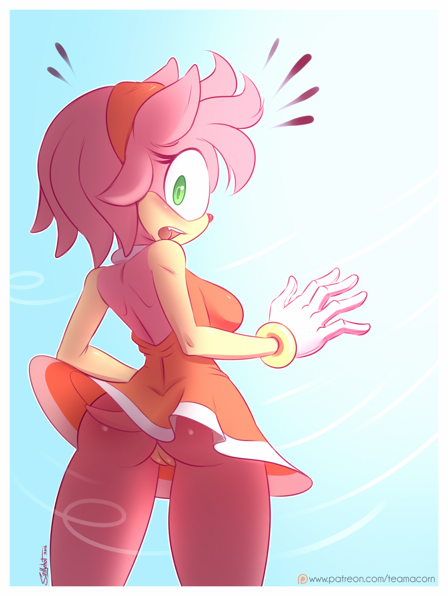 2016 amy_rose anthro ass blush bottomless clothing dress female fur furry furry_only green_eyes handwear hedgehog looking_at_viewer looking_back mammal no_panties partially_clothed pink_fur pussy sallyhot solo sonic_(series) tail topwear wind