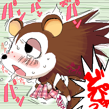 1girls agemono ahegao ambiguous_penetration animal_crossing apron black_eyes blush brown_spines censored eyelashes freckles fur hand_on_leg hedgehog lowres mammal nintendo oekaki onomatopoeia open_mouth sable_able saliva sweat tear tears text translation_request twitch_lines video_games wiggle_lines