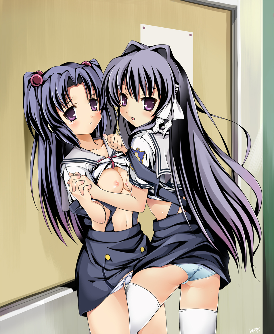 2girls against_wall bow breasts clannad clothing female fujibayashi_kyou hair_bobbles hair_intakes hair_ornament hand_holding hands_clasped holding_hands ichinose_kotomi interlocked_fingers kotomi_ichinose kyou_fujibayashi medium_breasts moemoedoll multiple_girls nipples panties panty_pull school_uniform serafuku shirt shirt_lift skirt stockings straight_hair tear thighhighs tomusooya two_side_up underwear white_legwear yuri zettai_ryouiki