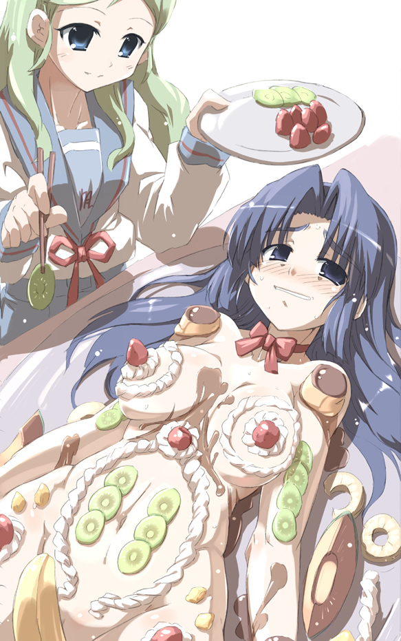 asakura_ryouko blush cream emiri_kimidori food fruit kimidori_emiri nyotaimori suzumiya_haruhi_no_yuuutsu sweat tokyo