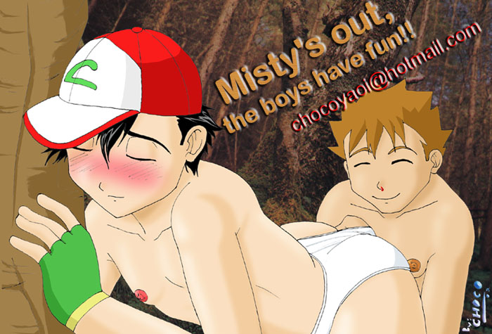 2boys ass blush brock_(pokemon) chocoyaoi gay imminent_rape male male_only outdoors pokemon satoshi_(pokemon) tagme underwear yaoi