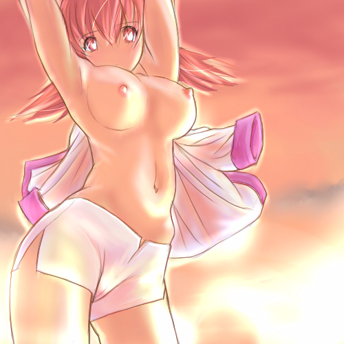 big_breasts breasts clothes female female_only gym_leader hair human lowres navel nintendo nipples otsukare pink_eyes pink_hair pokemon pokemon_gsc shorts sky solo sunset tied_hair topless twintails undressing whitney_(pokemon)