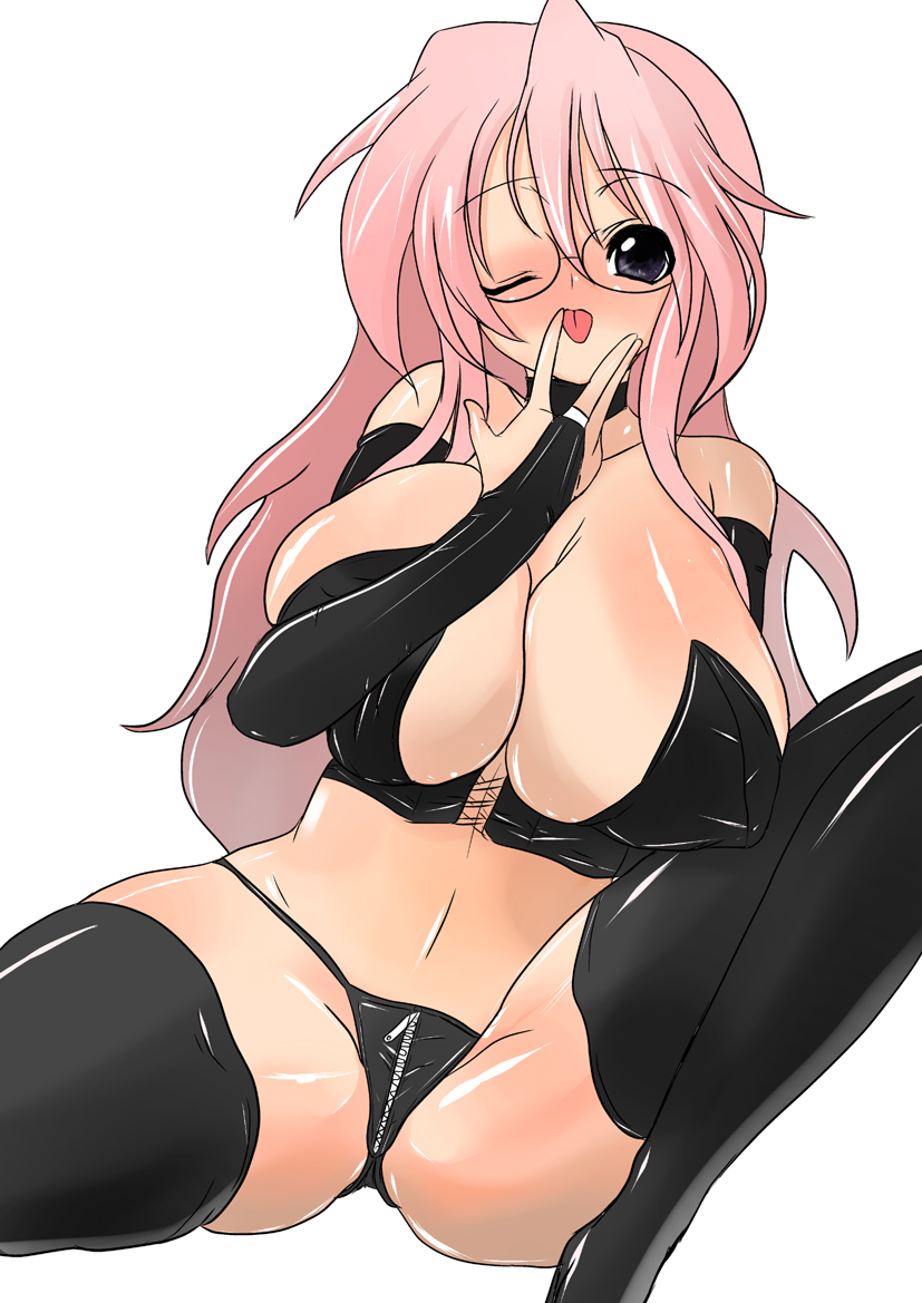 black_eyes blush breasts crotch_zipper curvy glasses huge_breasts kinokoutarou large_breasts leather long_hair lucky_star miyuki_takara pink_hair thighhighs tongue tongue_out wink zipper