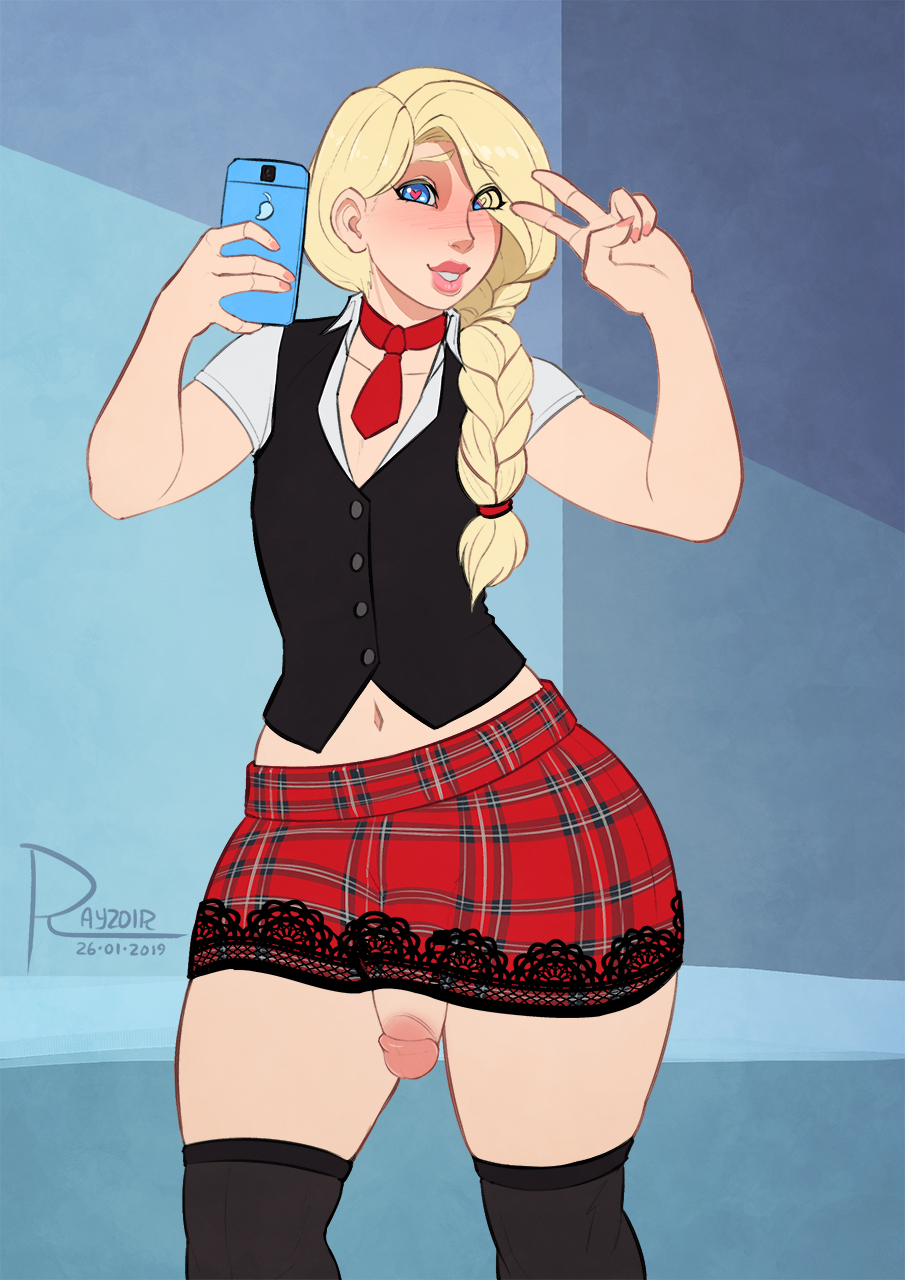 1boy, allison locket, androgynous, bimbo, blonde hair, crossdressing, femboy, girly, heart-shaped pupils, male, male only, penis, penis under skirt, rayzoir, selfie, skirt, thighhighs, trap, v