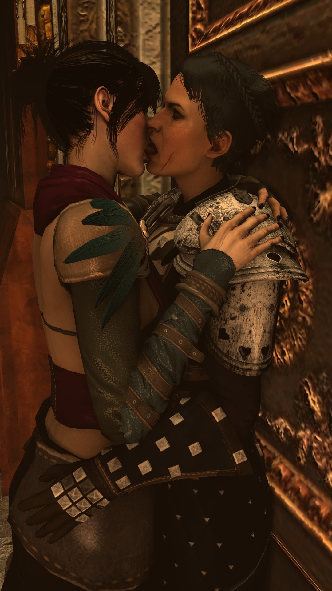2girls, 3d, ass, bioware, black hair, cassandra pentaghast, closed eyes, dragon age, dragon age inquisition, female, female only, fully clothed, hand on ass, hand on shoulder, kissing, morrigan (dragon age), scar, tongue, tongue kiss, tongue out, venomous sausage, yuri