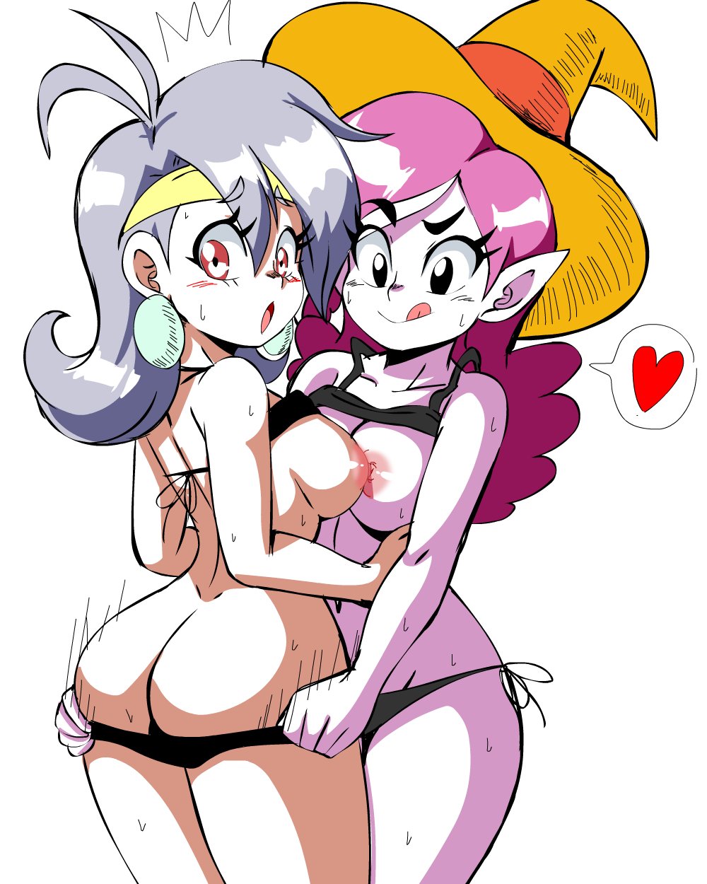 2girls ass blush breasts cartoon_network commission earrings female female_only hat headband jewelry lewdamone mighty_magiswords multiple_girls nipples pink_hair pink_skin pointy_ears purple_hair red_eyes sweat swimsuit tongue topless vambre_warrior white_background witchy_simone yuri