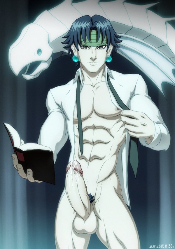 1boy, abs, big penis, boner, chrollo lucilfer, earrings, erection, foreskin, fully retracted foreskin, hunter x hunter, looking at viewer, male, male only, muscles, muscular, muscular male, nipples, penis, precum, retracted foreskin, schizoid, solo, solo male, standing, uncircumcised