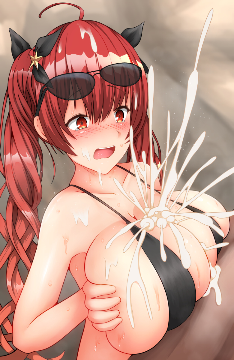 azur lane, bikini, black bikini, black ribbon, blush, breasts, cum, cum on body, cum on breasts, cum on upper body, ejaculation, facial, female, hair ribbon, honolulu (azur lane), huge breasts, image sample, paizuri, red hair, ribbon, shikakui kyomu, sunglasses, surprised, swimsuit, twintails