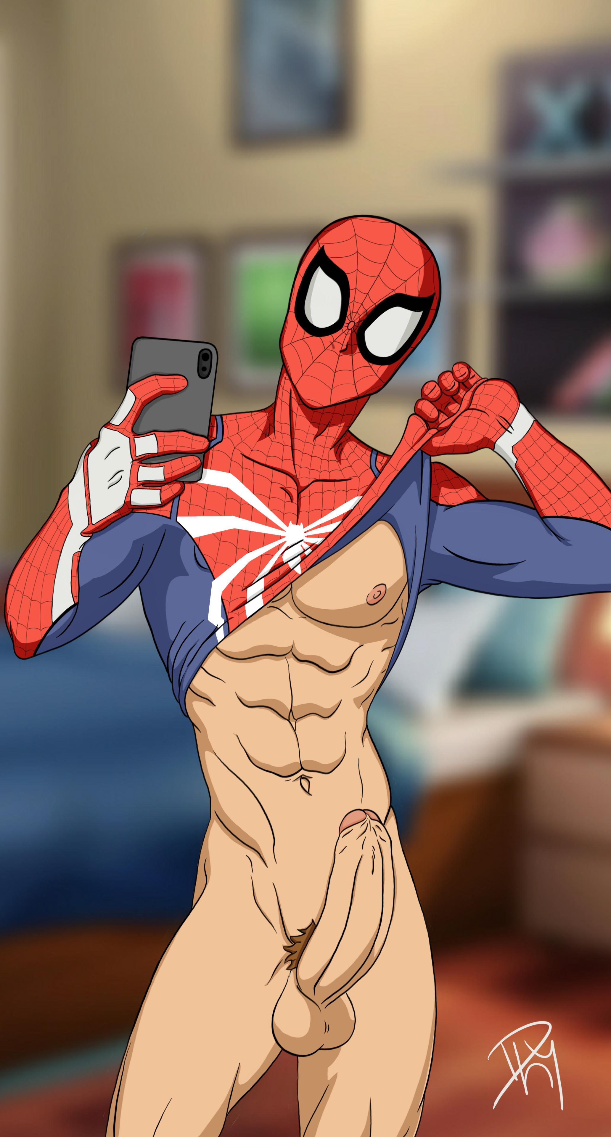 1boy, abs, balls, big penis, boner, erection, foreskin, huge penis, human, looking at viewer, male, male focus, male only, marvel, marvel comics, mask, mirror, mobile phone, muscles, muscular, muscular male, nipples, partially retracted foreskin, penis, peter parker, retracted foreskin, schizoid, selfie, shirt lift, smooth skin, solo, solo focus, solo male, spider-man, spider-man (ps4), spider-man (series), standing, testicles, tight clothing, uncircumcised, undressing