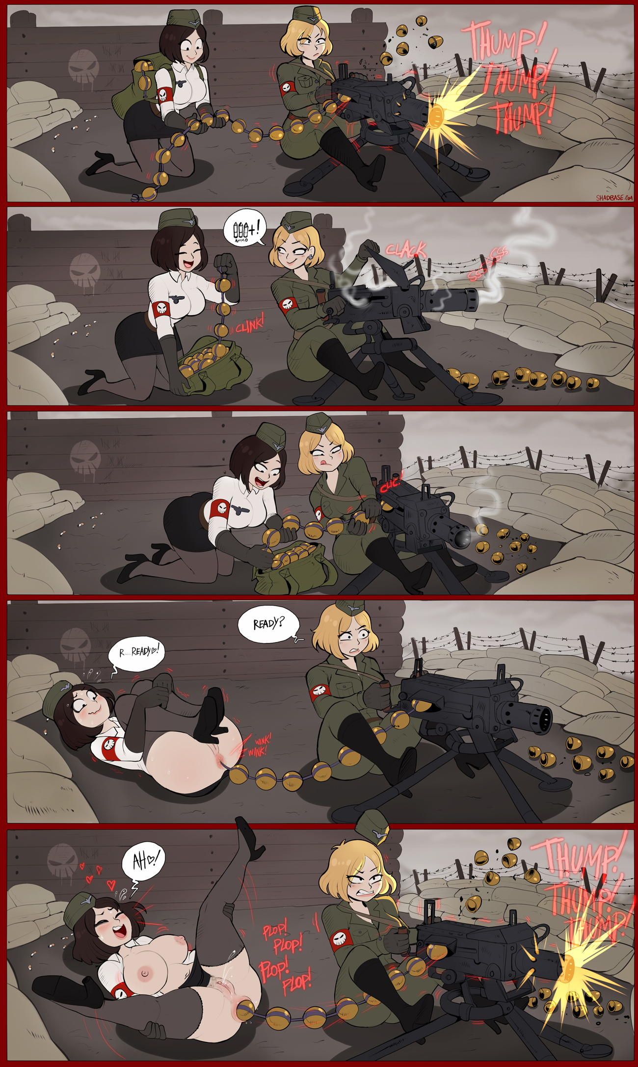 2girls, ammunition, anal beads, anus, areolae, big breasts, breasts, comic, female, gattling gun, humor, large breasts, masturbation, multiple females, multiple girls, nipples, pussy, sex toy, shadman, speech bubble, spread legs, text, war, yuri