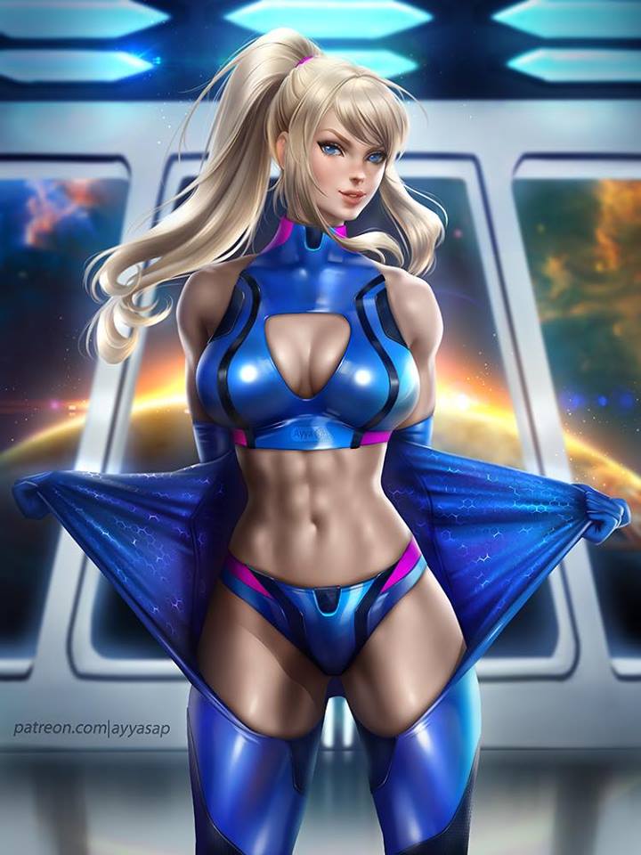 abs, ayyasap, blonde hair, blue hair, bra, cleavage, cleavage cutout, female, flashing, looking at viewer, metroid, navel, nintendo, panties, ponytail, samus aran, sidelocks, zero suit