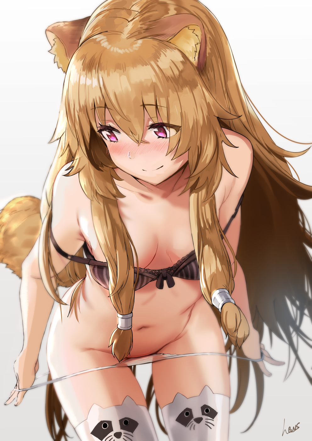 1girls, blush, breasts, cleavage, eyebrows visible through hair, female, female only, hews hack, leggings, long hair, panty pull, purple eyes, raccoon ears, raccoon girl, raccoon tail, raphtalia, smile, solo, tanuki girl, tanuki humanoid, tate no yuusha no nariagari, thighhighs, twin tails