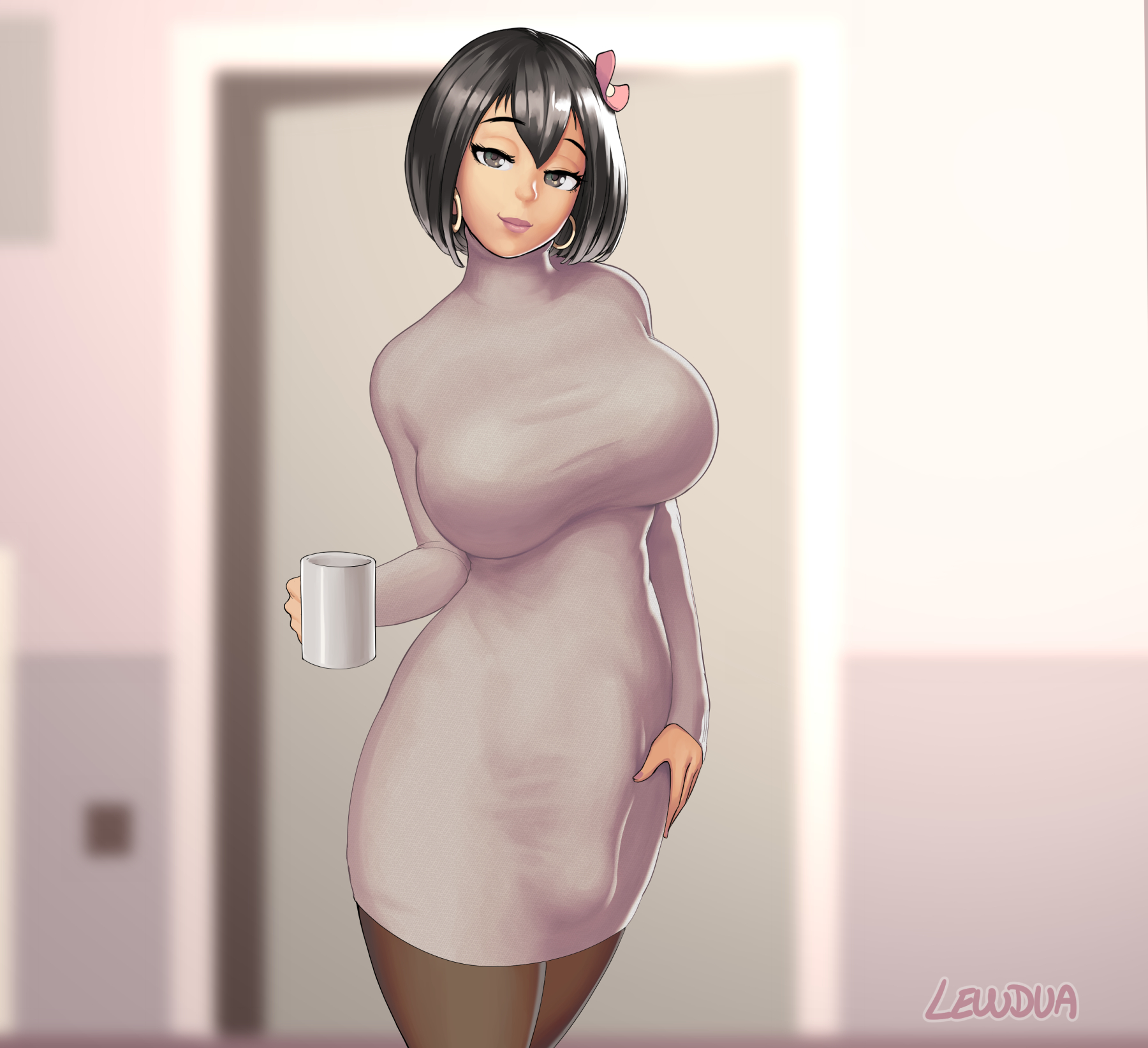 1futa, big breasts, bob cut, breasts, bulge, cleavage, dickgirl, erection under clothes, erection under dress, futa only, futanari, hoop earrings, huge breasts, intersex, large breasts, large penis, lewdua, lipstick, looking at viewer, morgan rosewood (lewdua), original, penis, penis under clothes, penis under dress, solo, solo futa, tight clothing
