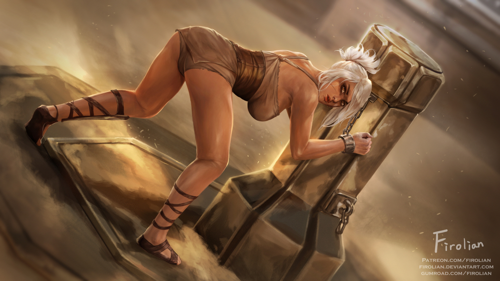 ass, bent over, bondage, breasts, chains, cleavage, dirty, female, female only, firolian, imminent rape, league of legends, looking at viewer, looking back, riven, sex slave, slave, slave girl, solo, white hair