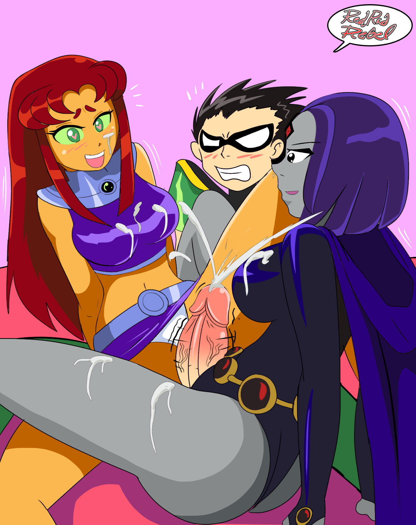 big penis, black hair, clothing, cum, cum on clothes, cum on face, cum on thighs, cumshot, dc, dc comics, dick grayson, double tribadism on penis, ejaculation, female, ffm threesome, green eyes, hair, heart, heart-shaped pupils, light skin, light-skinned female, long hair, male, orange skin, pale skin, pale-skinned female, panties, penis, purple eyes, purple hair, rachel roth, raven (dc), red hair, redradrebel, robin (dc), robin (dick grayson), starfire, teasing, teen titans, thick thighs, thighs, tribadism, tribadism on penis