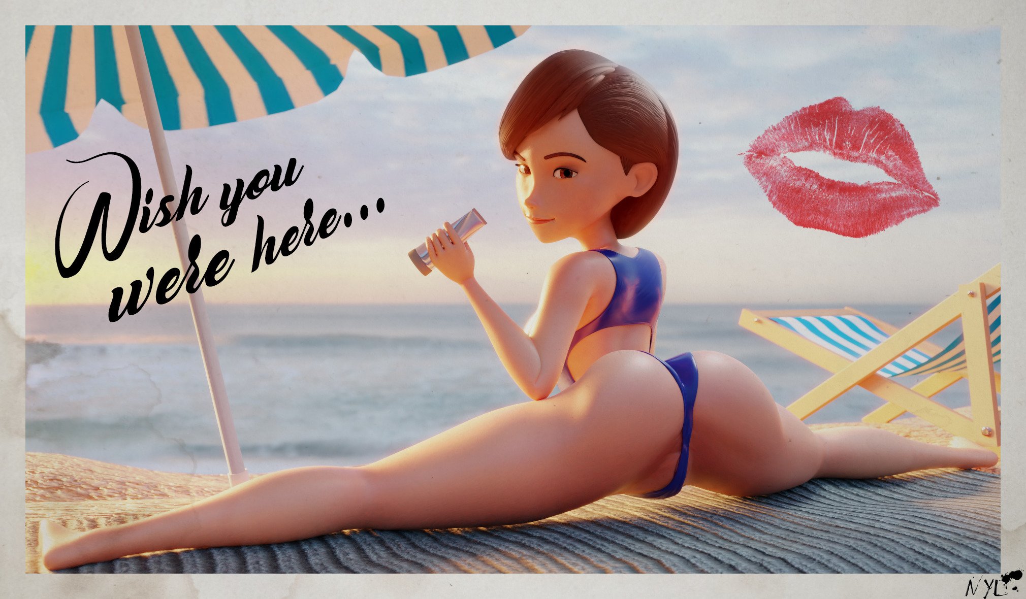 1girls, 3d, ass, beach, beach towel, beach umbrella, bikini, blender, breasts, curvy, disney, female, female only, helen parr, human, kiss mark, large ass, large breasts, looking at viewer, looking back, nyl2, outdoors, panties, partially visible vulva, pixar, postcard, public, pussy, smooth skin, solo, swimwear, the incredibles, towel, water, wide hips