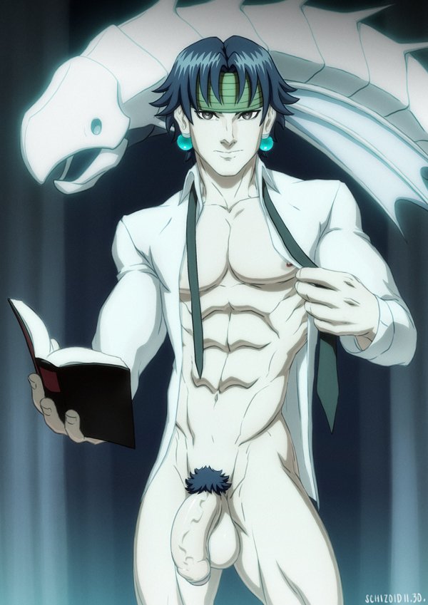 1boy, abs, chrollo lucilfer, earrings, flaccid, flaccid penis, foreskin, hunter x hunter, looking at viewer, male, male only, muscles, muscular, muscular male, nipples, partially retracted foreskin, penis, pubes, retracted foreskin, schizoid, solo, standing, uncensored, uncircumcised, uncut, yaoi