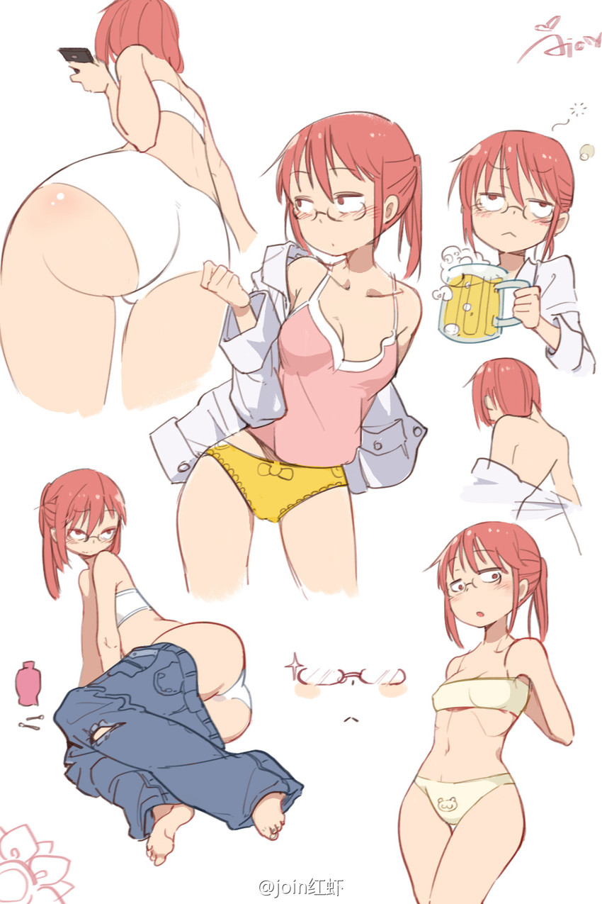 alcohol, ass, beer, breasts, female, glasses, kobayashi, long hair, miss kobayashi's dragon maid, multiple views, open eyes, panties, red hair, small breasts, solo, thick thighs, underwear