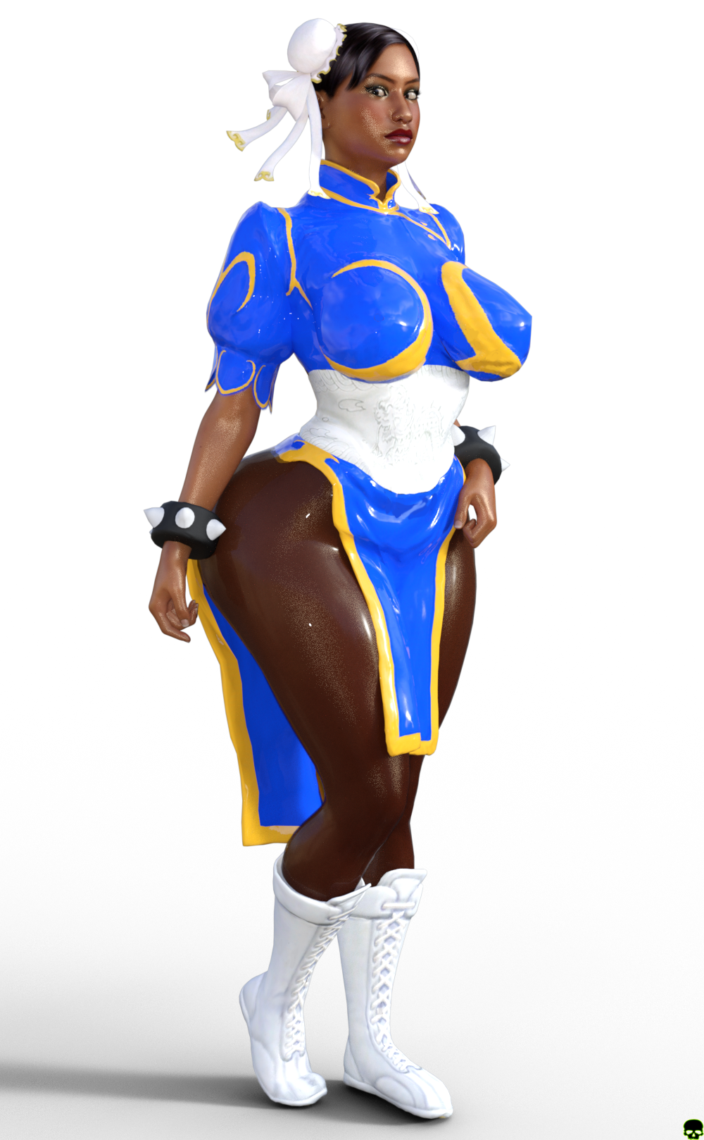 2019 3d big_breasts boots bracelets capcom celebrity chinese_dress chun-li chun-li_(cosplay) clothing commission cosplay dark-skinned_female dark_skin female fishnets musician nicki_minaj qipao spiked_bracelet street_fighter thick_thighs transparent_background xskullheadx