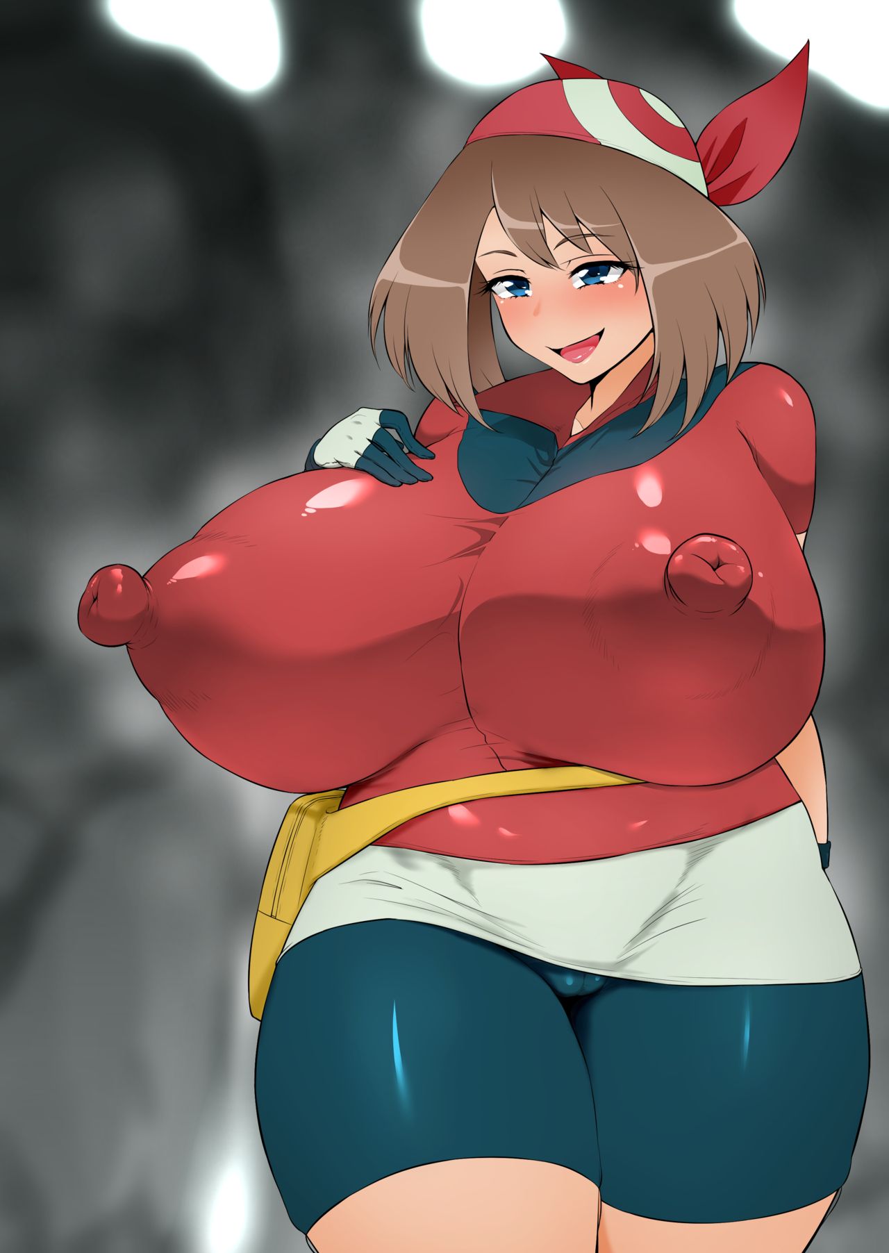ahemaru, alternate breast size, bike shorts, bimbo, breasts, erect nipples, female, gigantic breasts, happy, hips, huge breasts, huge hips, huge nipples, huge thighs, hyper, hyper breasts, large breasts, looking at viewer, may (pokemon), milf, naughty face, nipple bulge, nipples, pokemon, tagme, thick thighs, thighs, wide hips
