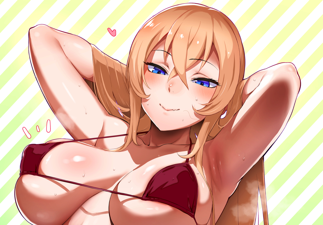 big breasts, bikini, blonde hair, blue eyes, blush, breasts, cleavage, erect nipples, female, female only, iku (ikuchan kaoru), large breasts, nipples, solo