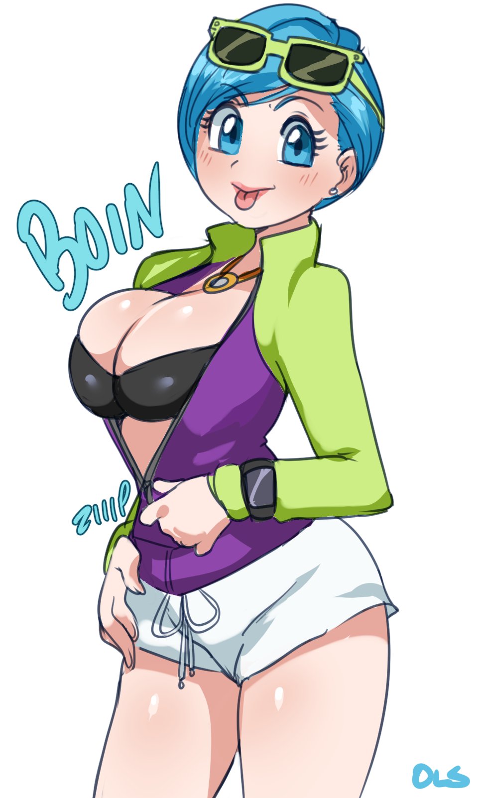 1girls, about to burst, ass, barely contained, barely contained breasts, barely fits, big breasts, black bra, blue eyes, blue hair, blush, bra, breasts, breasts too big, bulma briefs, bursting breasts, cleavage, clothed, dragon ball, dragon ball super, eyelashes, female, female only, human, imminent wardrobe malfunction, lightsource, lipstick, looking at viewer, midriff, milf, mother, necklace, pink lipstick, shirt, short hair, short shorts, shorts, solo, sound effects, standing, strained zipper, straining clothing, sunglasses, teasing, text, tight fit, tongue, tongue out, too tight, undersized clothes, undersized clothing, watch, watermark, white background, wide hips, zipper