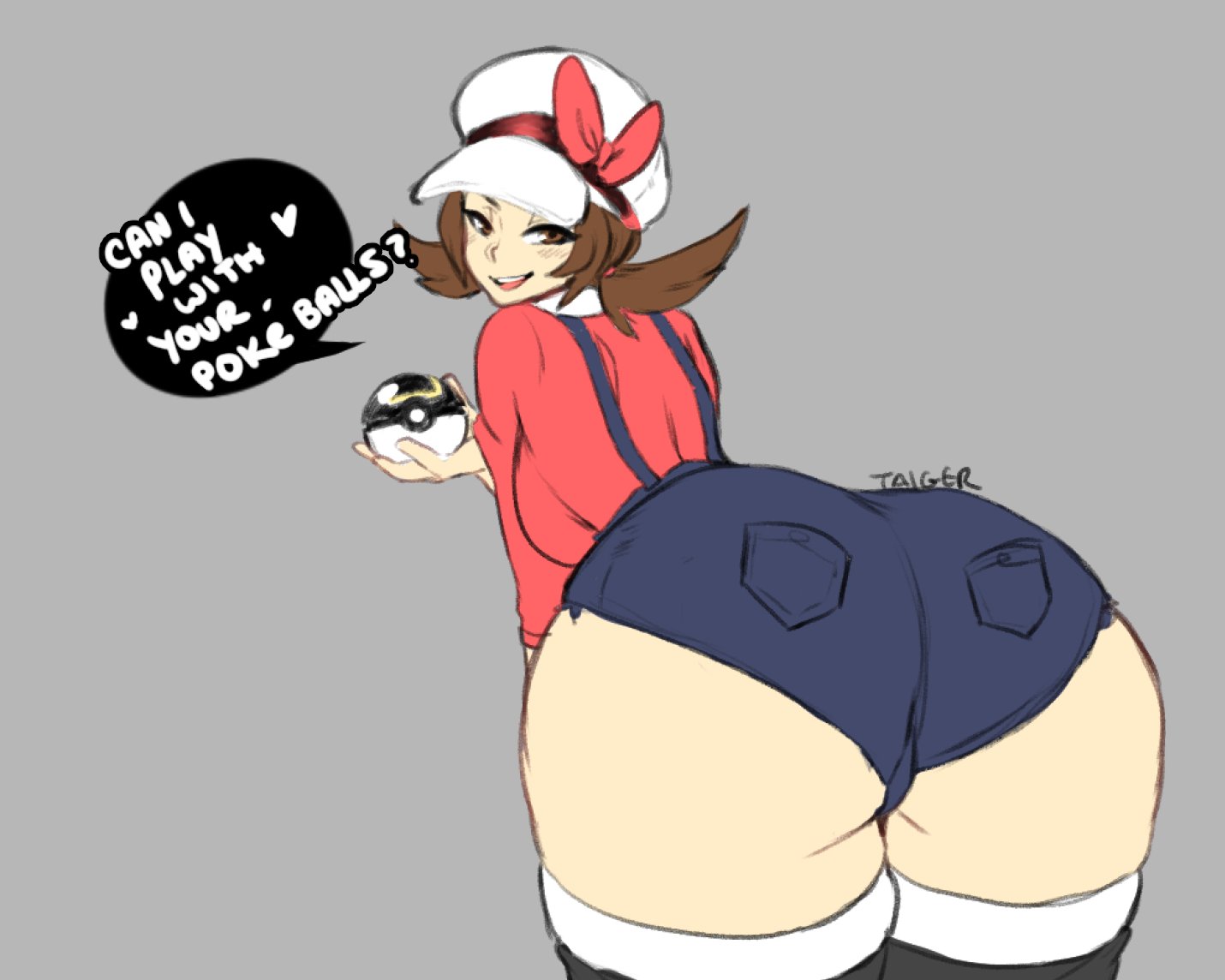1girls, ass, ass focus, ass hanging out, backboob, balls, balls worship, bent over, breasts, brown eyes, brown hair, clothed, curvy, denim shorts, female, female only, gluteal fold, grey background, heart, holding object, huge ass, human, innuendo, jean shorts, large ass, looking back, lyra (pokemon), male, overalls, pokeball, pokemon, pokemon hgss, presenting hindquarters, red ribbon, ribbon, shorts, signature, smile, smug, speech bubble, spoken heart, taigerarts, tease, teasing, text, thick thighs, thighhighs, tied hair, wide hips