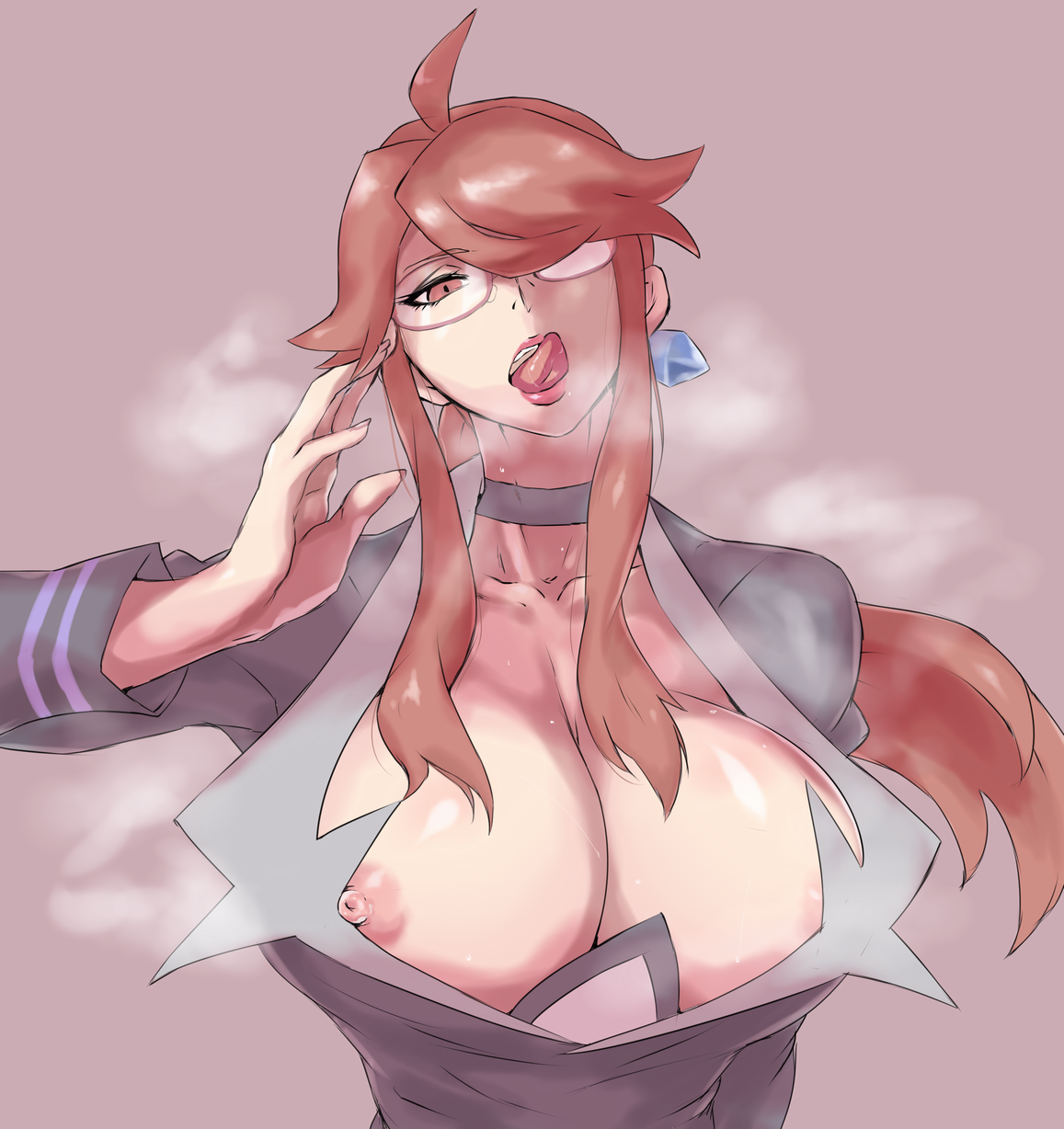 1girls, ahoge, areolae, breasts, brown background, busty, choker, cleavage, clothes, earrings, elite four, eyelashes, female, female only, fingernails, glasses, hair over one eye, heavy breathing, huge breasts, human, human only, licking lips, lipstick, long hair, looking at viewer, lorelei (pokemon lgpe), lorelei (pokemon), nipple slip, nipples, one eye closed, one eye covered, open mouth, pokemon, pokemon lgpe, pokemon rgby, red eyes, red hair, solo, teeth, tongue, tongue out