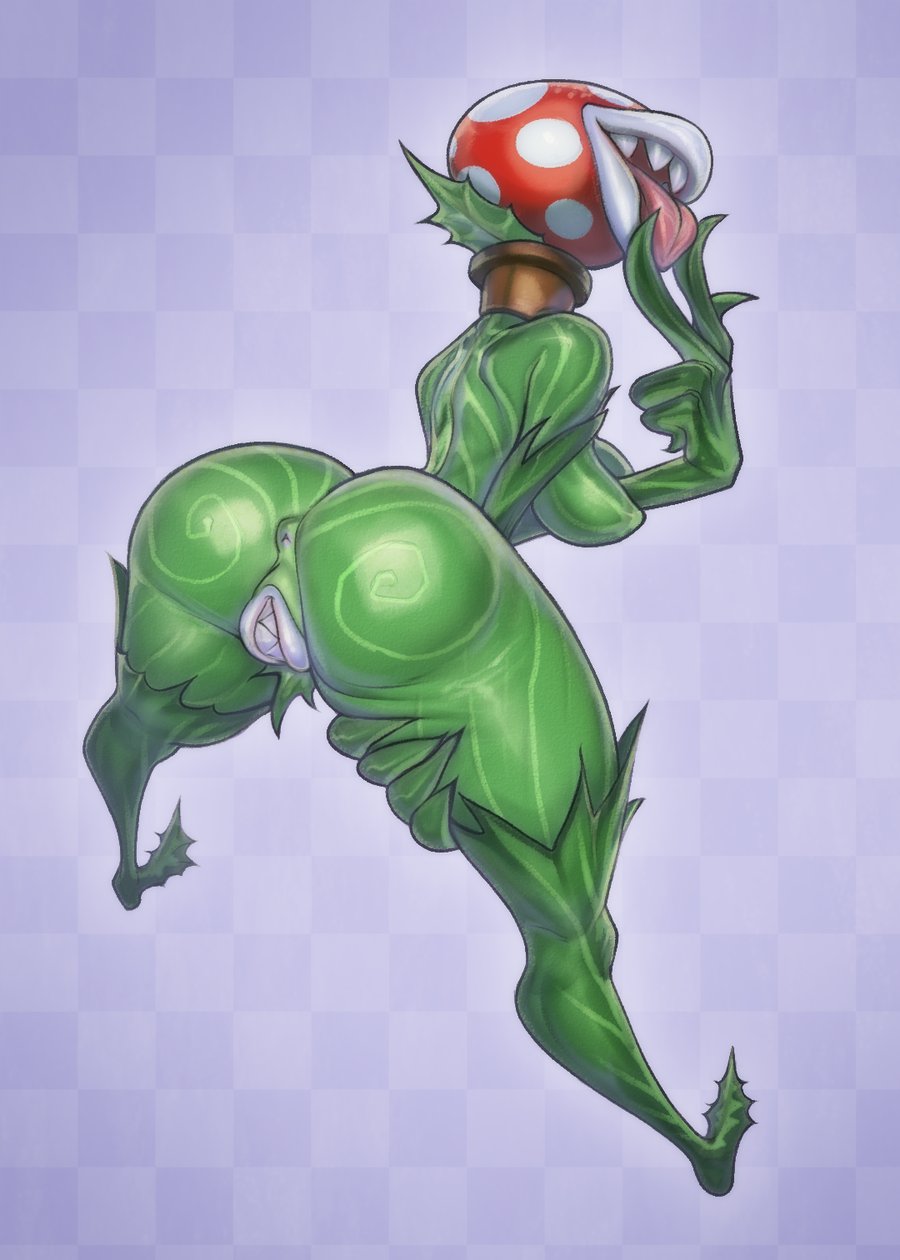 1girls anthro anus ass back_view bent_over big_ass body_markings breasts checkered_background choker cunnilingus_gesture dat_ass derek_hetrick female female_only flora_fauna full_body gesture green_skin hairless_pussy leaning_forward mario_(series) medium_breasts monster monster_girl monster_pussy nintendo nipples no_eyes nude open_mouth piranha_plant plant_girl plump_labia puffy_anus pussy red_skin sharp_teeth sideboob simple_background solo spots standing super_smash_bros. teeth thick_thighs thighhighs tongue tongue_out vagina_dentata wide_hips