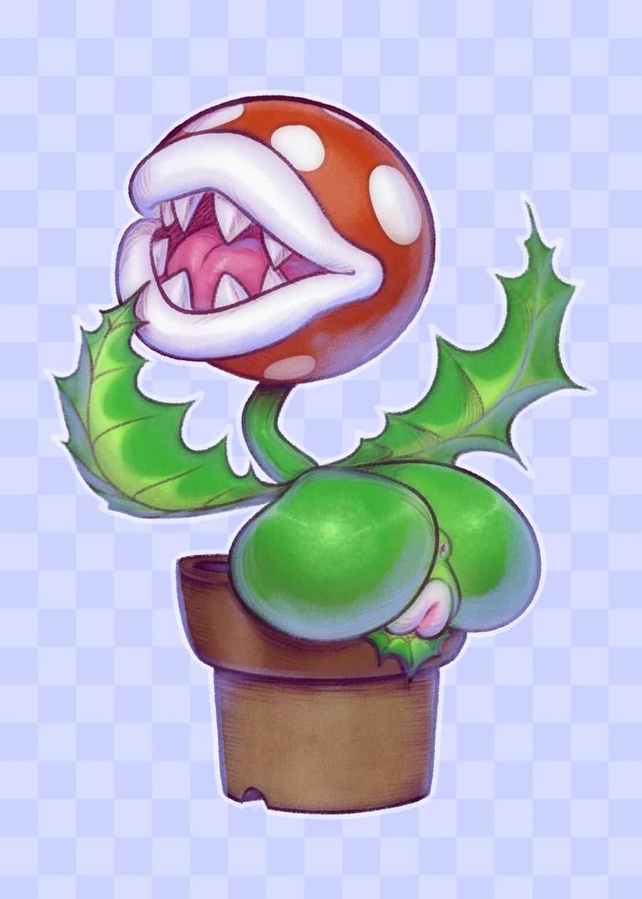 1girls, anus, ass, back view, big ass, bubble ass, bubble butt, checkered background, derek hetrick, female, female only, flora fauna, full body, green skin, hairless pussy, looking back, mario (series), nintendo, no eyes, open mouth, piranha plant, plant girl, plump labia, pot, potted plant, presenting, presenting hindquarters, puffy anus, pussy, red skin, sharp teeth, shiny skin, simple background, solo, spots, super smash bros., teeth, tongue