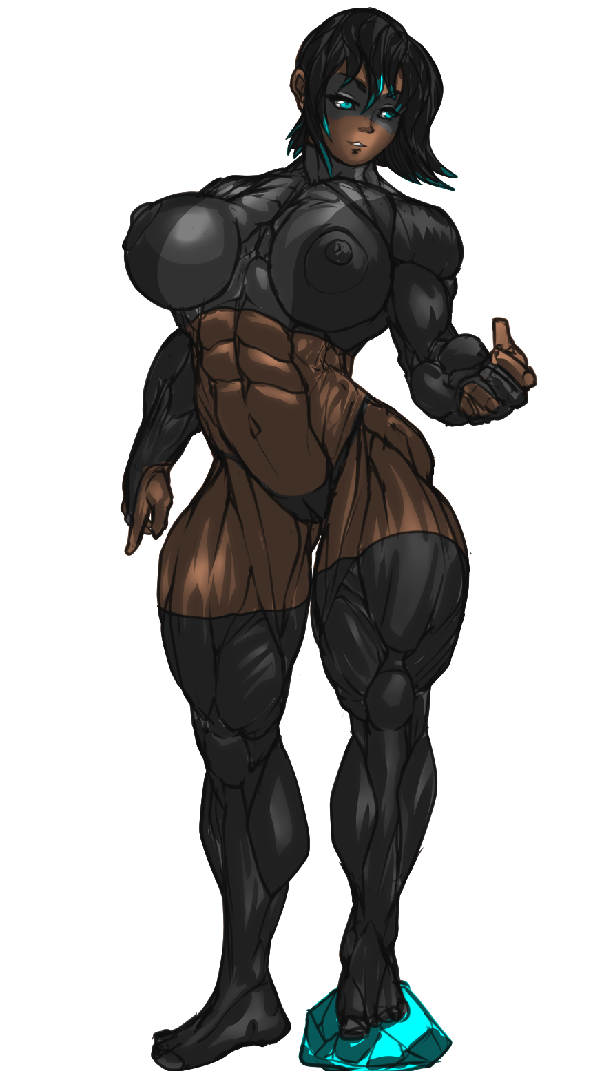 abs aqua_eyes aqua_hair b9tribeca big_breasts bodybuilder dark_skin extreme_muscles female fit fit_female muscle muscles muscular muscular_female thick_thighs