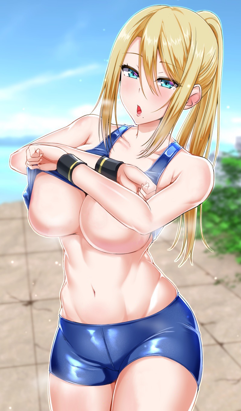 arima kouichi, battlefield (super smash bros), blonde hair, blue eyes, blue shorts, edit, female, hair between eyes, looking at viewer, metroid, mole under mouth, navel, nintendo, photoshop, ponytail, samus aran, sidelocks, super smash bros.