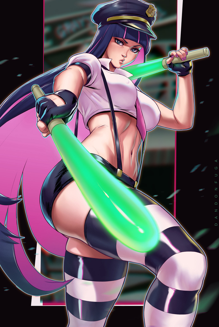 1girls, alternate costume, angel, blue hair, breasts, dandon fuga, female, female only, fingerless gloves, long hair, nipple bulge, panty & stocking with garterbelt, pink hair, police hat, stocking anarchy, stockings, suspenders, thighhighs