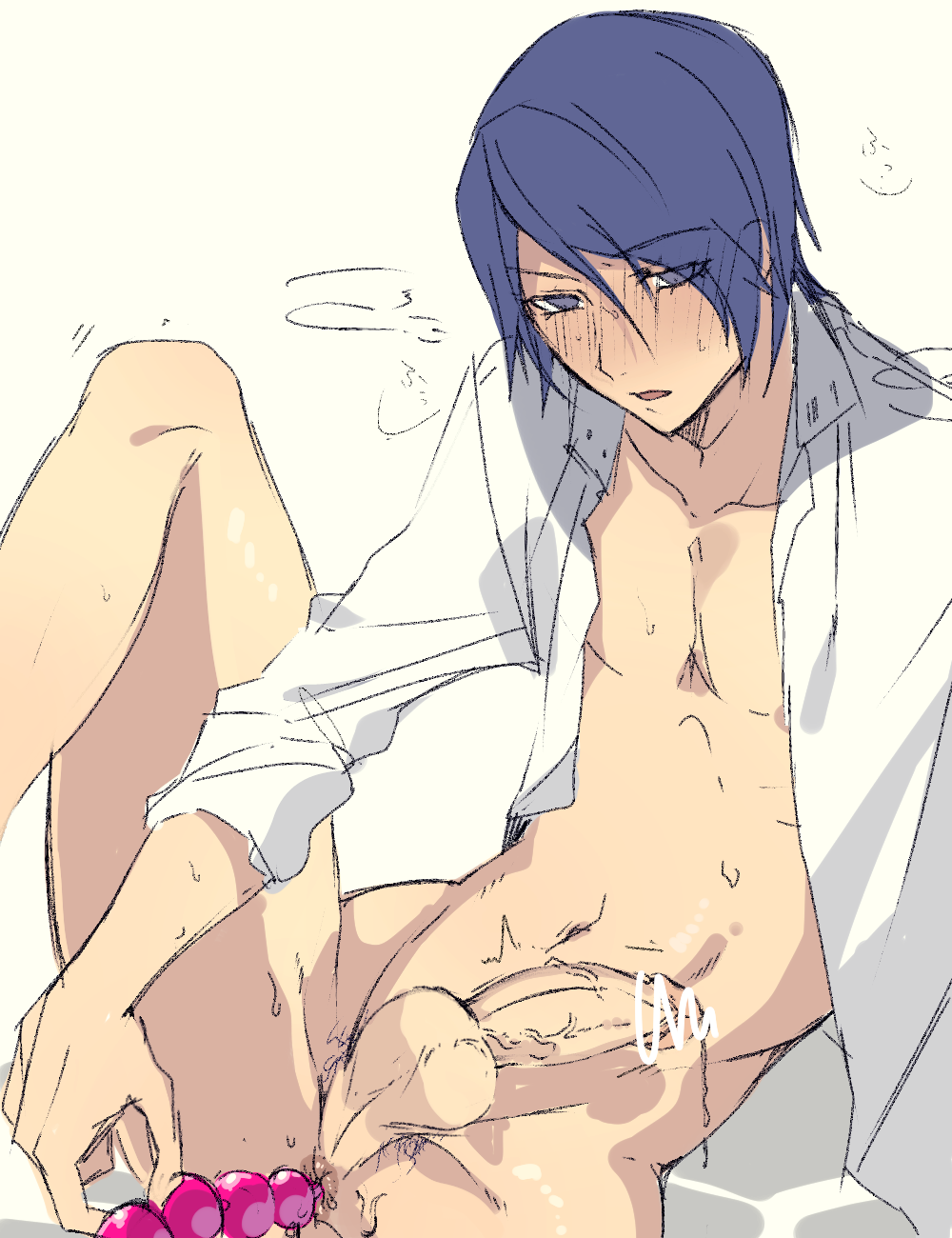 1boy anal anal_beads ass_juice blue_hair blush bottomless censored color human male_focus male_only masturbation morimiya_(kuroro) penis persona persona_5 sex_toy simple_background solo sweat testicles unbuttoned white_background yusuke_kitagawa