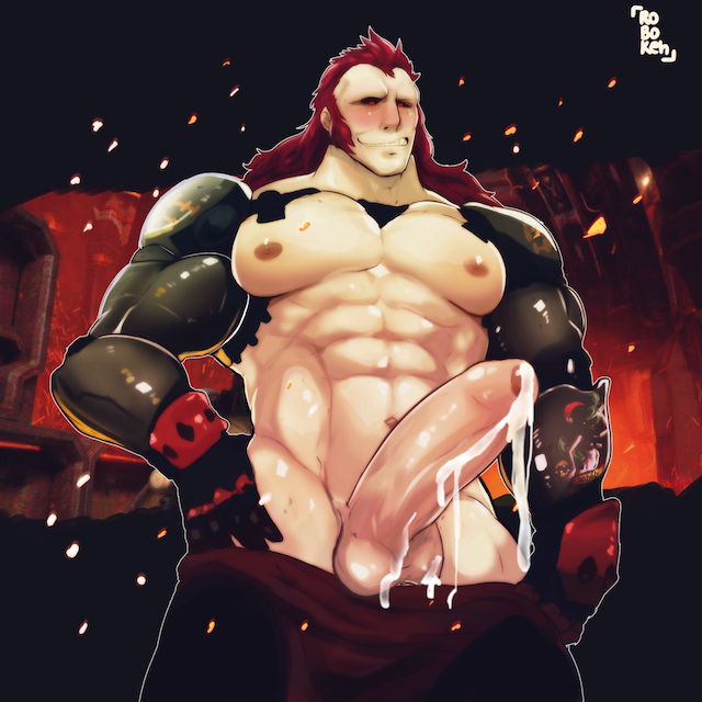 abs bara biceps bionic_arm black_sclera cum cum_string cumdrip evil_eyes foreskin gay long_hair lycus_dion male male_only muscles muscular_male pants_down pecs penis penis_out prosthetic_arm raiders_of_the_broken_planet red_eyes red_hair robokeh six_pack smug solo spacelords uncircumcised uncut