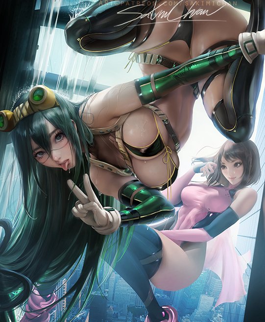 2girls, asian, big breasts, bob cut, bodysuit, breasts, brown hair, brown-haired female, cleavage, duo, female, female focus, female human, female only, green hair, green-haired female, hand on face, hand on hair, hero outfit (mha), human, leotard, light skin, light-skinned female, my hero academia, ochako uraraka, ochako uraraka (hero outfit), sakimichan, superhero costume, superheroine, thick, thick thighs, thighhighs, tongue, tongue out, tsuyu asui, voluptuous