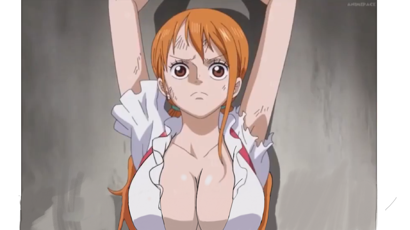 1girls, accurate art style, arms up, big breasts, breasts, brown eyes, cleavage, clothing, collarbone, edit, edited, female, female only, light, light skin, nami (one piece), nude, nude female, one piece, open, orange hair, orange-haired female, photoshop, prison, screenshot, screenshot edit, whole cake island, yarro
