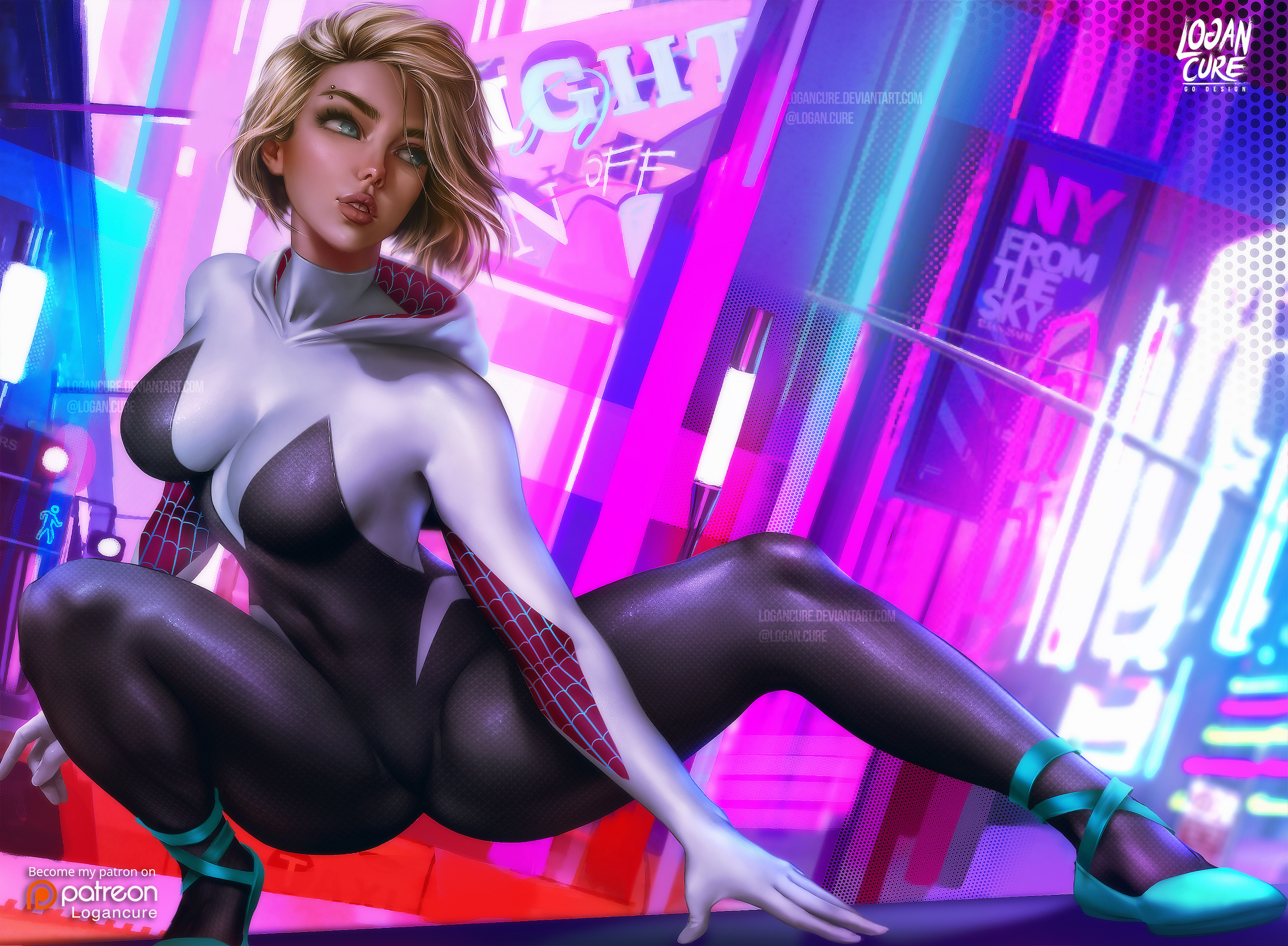 1girls, bodysuit, breasts, eyebrow piercing, female, female only, gwen stacy, gwen stacy (spider-verse), logan cure, marvel, marvel comics, medium breasts, piercing, solo, spider-gwen, spider-man (series), spider-man: into the spider-verse, superhero, superhero costume, superheroine